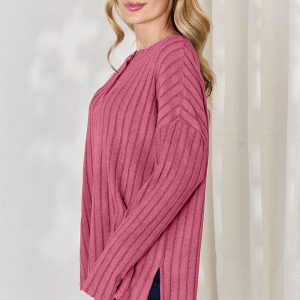 Full Size Ribbed Half Button Long Sleeve High-Low Hot Pink T-Shirt